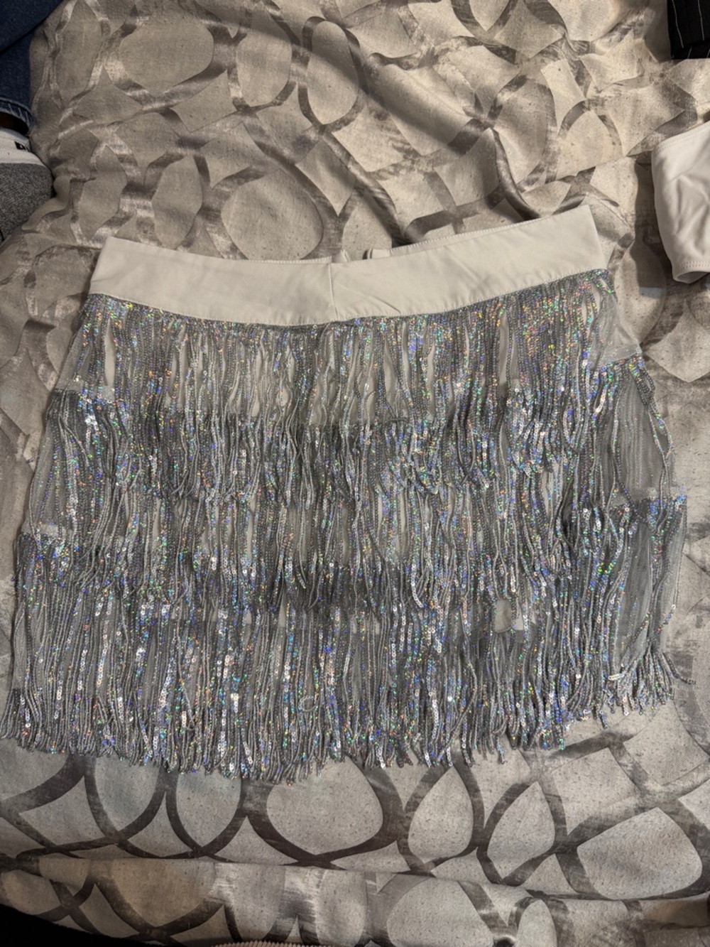 Silver Fringe Mini Skirt - Shimmery Party Skirt